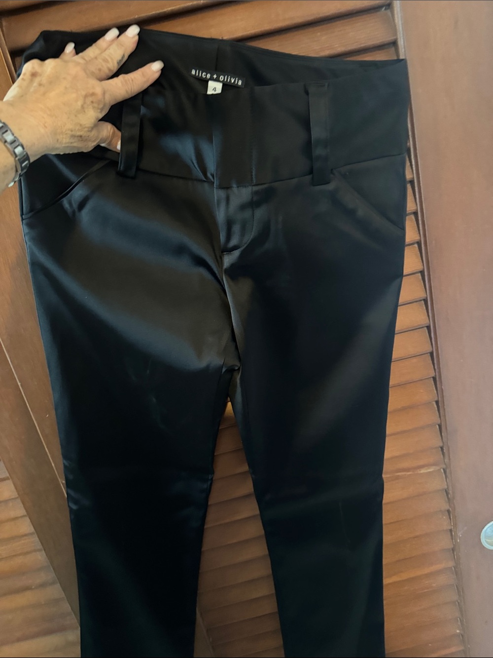 Alice + Olivia Black Satin Slim Dress Pants, satin